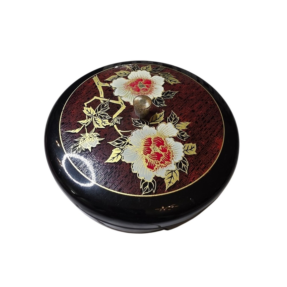 Vintage Japanese Lacquerware Lidded Bowl Floral Peony Black Gold Candy Dish 7.5"